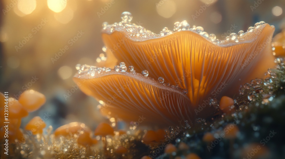 Poster a macro shot of a mushroom with clear water droplets clinging to its gills, highlighting the intrica