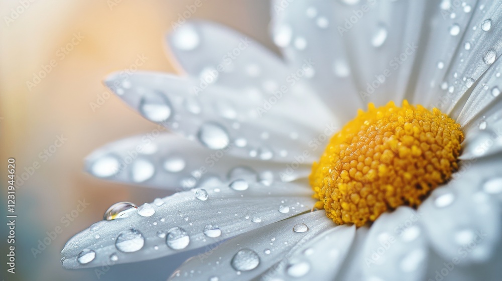 Poster a macro shot of a daisy with dew drops on its white petals, capturing the intricate details of the w