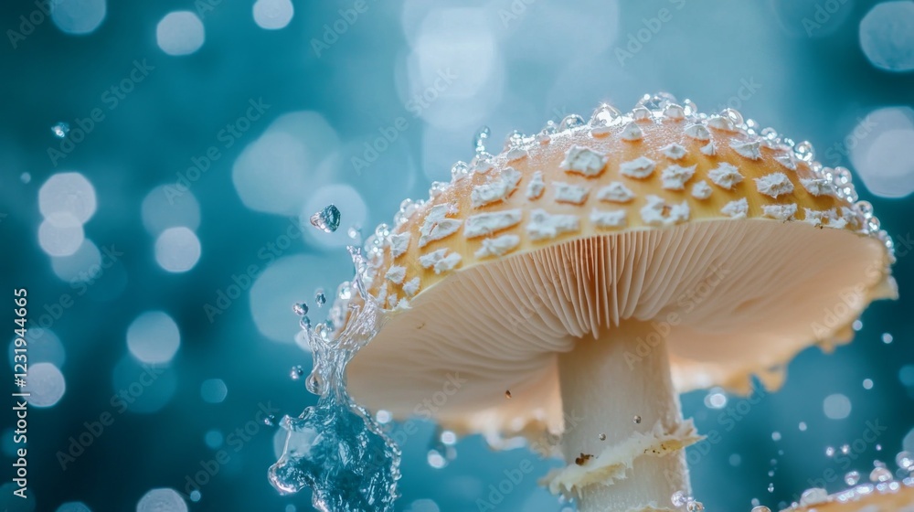 Poster a macro shot of a mushroom with clear water droplets clinging to its gills, highlighting the intrica