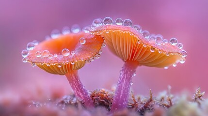 A macro shot of a mushroom with clear water droplets clinging to its gills, highlighting the intricate details of the fungi against a soft-focus backdrop