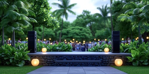 Outdoor concert stage setup tropical garden event venue lush environment scenic viewpoint community gathering