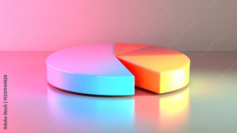 Poster a minimalist d pie chart with segmented pieces floating above a reflective surface, bathed in soft, 
