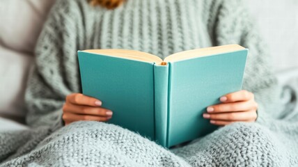 A cozy scene featuring a person reading a book while wrapped in a soft blanket, creating a warm and inviting atmosphere.