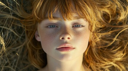 Naklejka premium Radiant Young Redhead with Freckles Against Natural Background