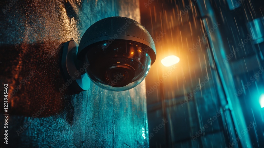 Poster a nighttime shot of a cctv camera illuminated by streetlights, capturing a sleek urban corner with s