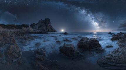 Fototapeta premium Night sea landscape with moon, stars and clouds in dark sky. Vector cartoon illustration of midnight scene of ocean waves with rocks and moonlight reflection