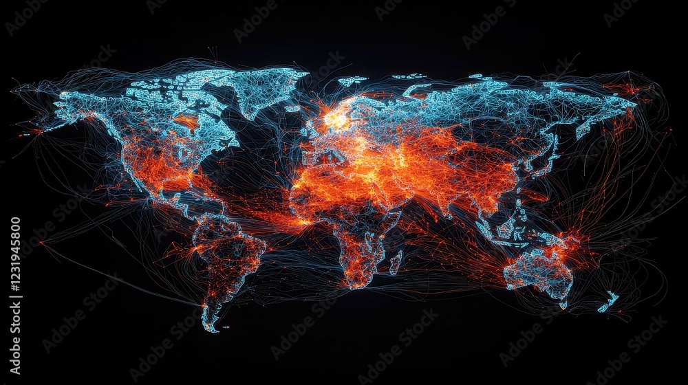 Poster high-frequency trading hub map, visual representation of key algorithm centers driving stock market 