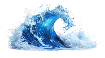 Big blue ocean wave breaking with foam and transparent background