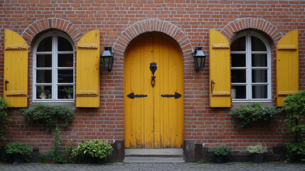 House facade front view, home cottage building classic design exterior, brick wall with shuttered arched windows, wooden yellow door with knock knobs and hanging lanterns, Cartoon vector illustration