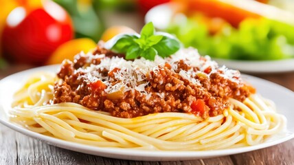 A plate of spaghetti topped with savory meat sauce and grated cheese, garnished with fresh basil, set against a colorful background of vegetables.