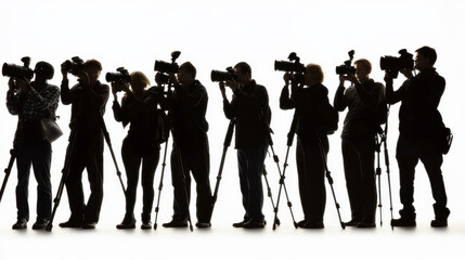 People photographers with camera take shoot in different poses. Vector flat illustration of professional cameraman, paparazzi and journalists taking photo isolated on white background