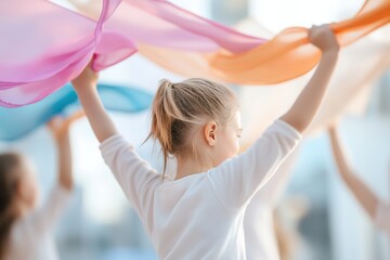 Kids are leaping into the air, waving vibrant scarves against a soft focus backdrop. Their carefree dancing brings energy and joy to the bright outdoor environment