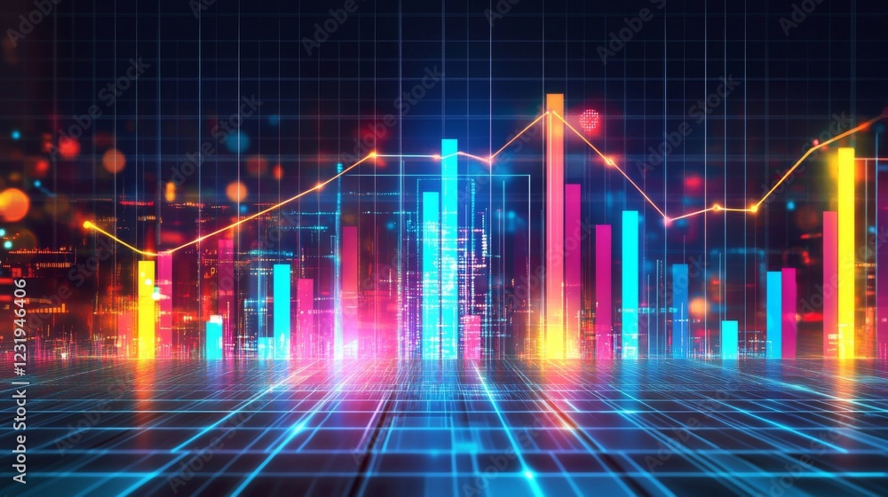 Poster a professional bar chart with bold, colorful bars rising in front of a clean, minimalist grid backgr