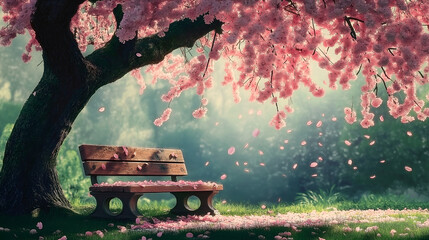 Spring's beauty captured a quiet park bench beneath a cascading sakura tree