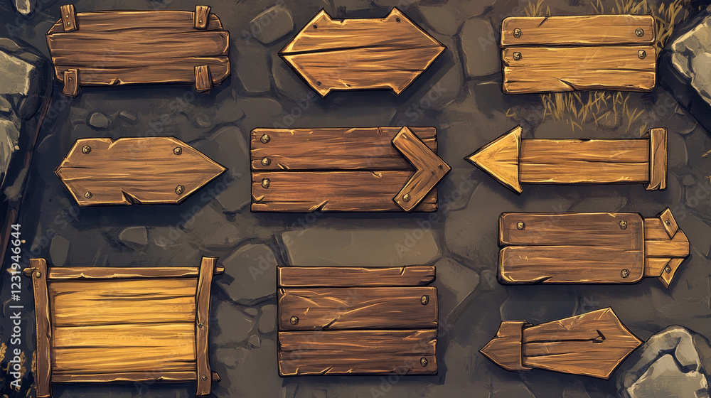 Aufkleber vector wooden game signboard texture banner set. wood material plank frame ui label on transparent b