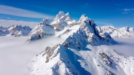Naklejka premium Aerial View of Snow Covered Mountain Peaks in Winter