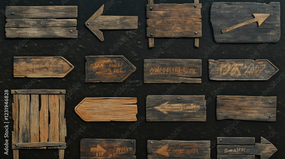 Poster vector wooden game signboard texture banner set. wood material plank frame ui label on transparent b