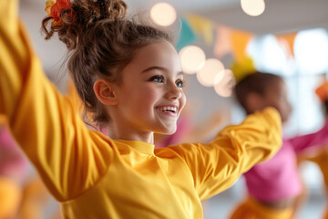 Brightly dressed children enthusiastically practice jazz dance routines in a lively studio filled with colorful props and soft lighting, showcasing their joy and energy