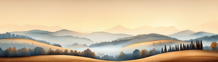 Obraz premium A tranquil landscape featuring soft hills and a hazy horizon, bathed in warm tones, creating a serene and peaceful atmosphere.