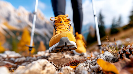 Close Up of Yellow Hiking Boots on Mountain Trail in Autumn