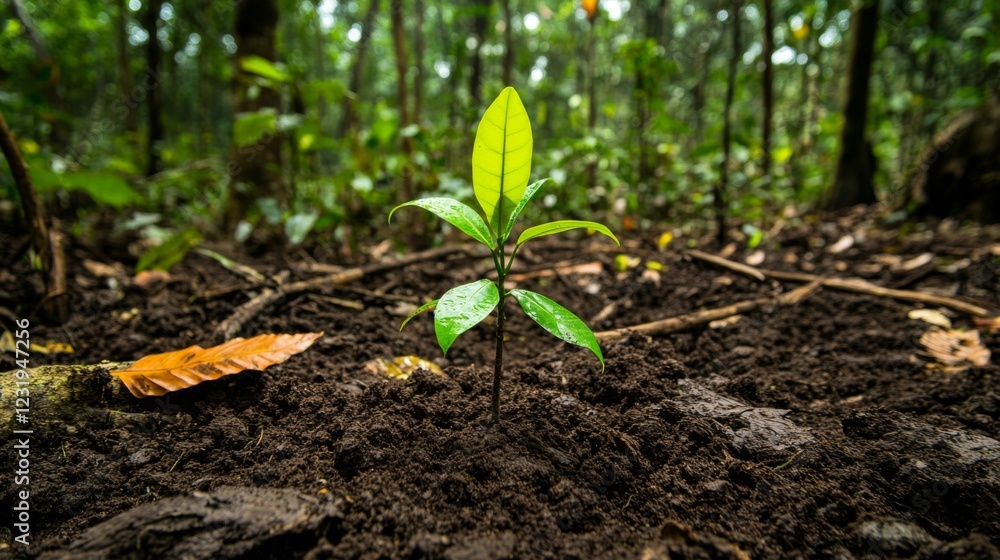 Poster a sapling growing in a small patch of cleared forest floor, surrounded by rich, dark soil and scatte