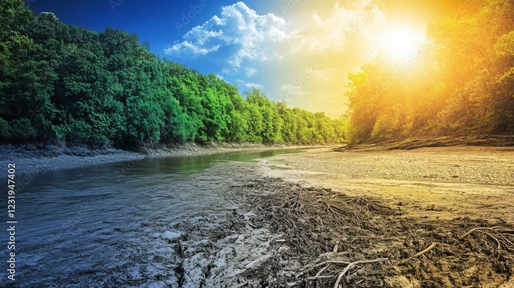 Poster a scenic view of a riverbank with trees wilting under intense sunlight, contrasting with a lush gree