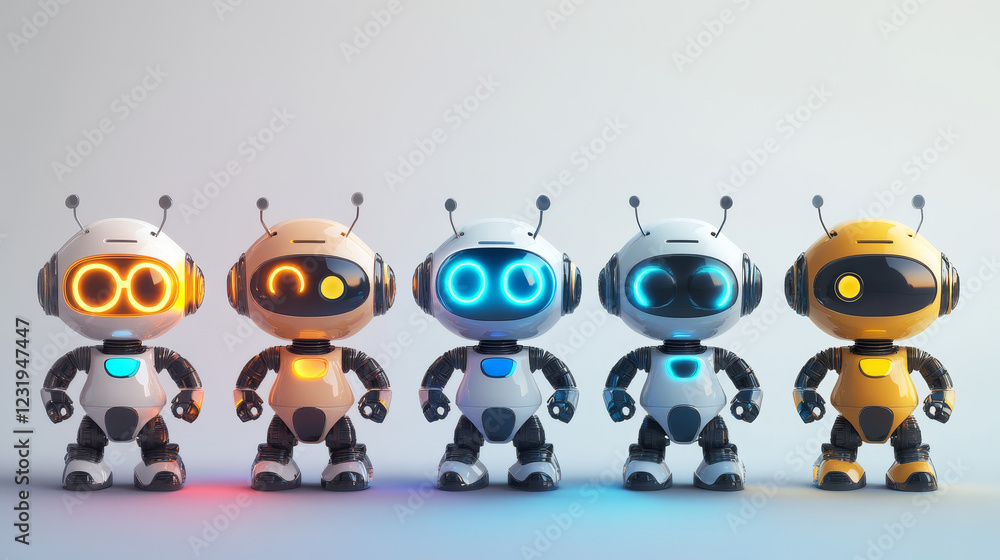 Poster cute ai robot evolution mascot cartoon vector set. digital modern computer bot design icon isolated.