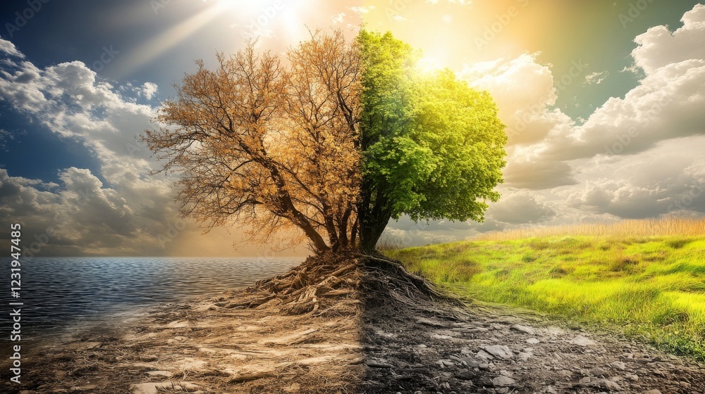 Poster a scenic view of a riverbank with trees wilting under intense sunlight, contrasting with a lush gree