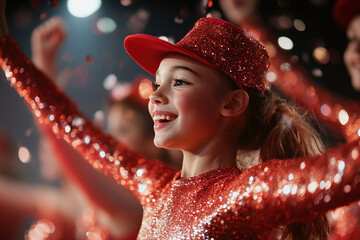 Young dancers in glittering outfits are actively practicing jazz routines. Their enthusiasm is evident as they leap and strike sassy poses with hats and canes in a vibrant studio setting