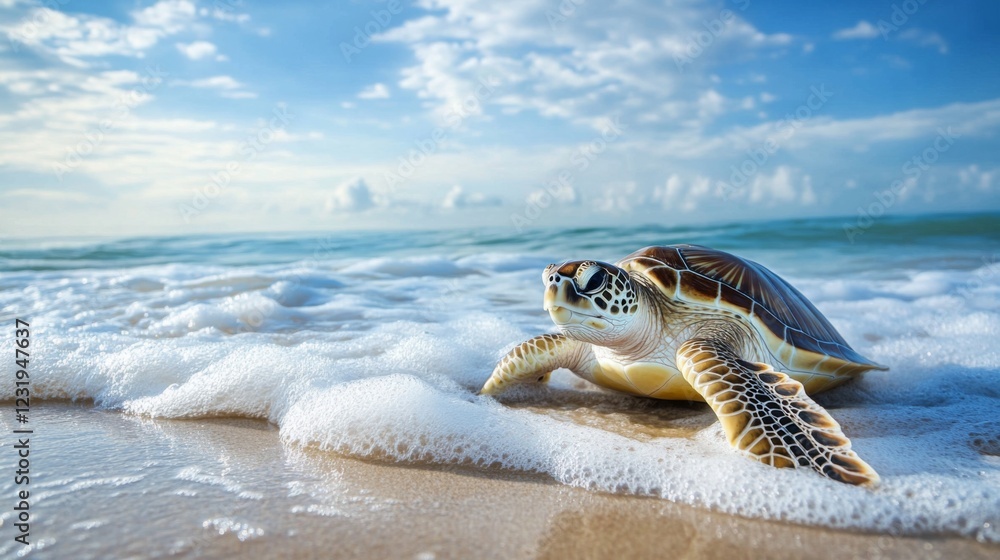Poster a sea turtle emerging from the ocean and making its way onto a sandy beach, with a backdrop of gentl