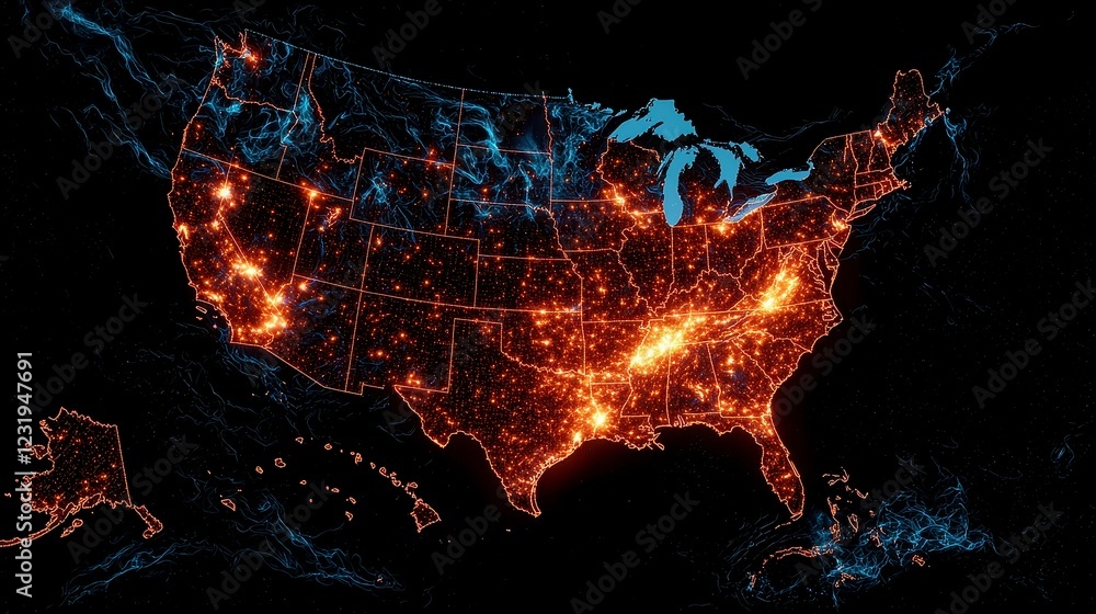 Poster smart grid energy distribution overview, an interactive map displaying live energy usage and the int