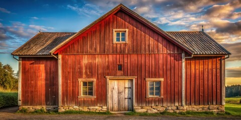 Naklejka premium Rustic Red Wooden Barn Structure with Aged Wood Siding, Gabled Roof, and Stone Foundation Under a Dramatic Sky