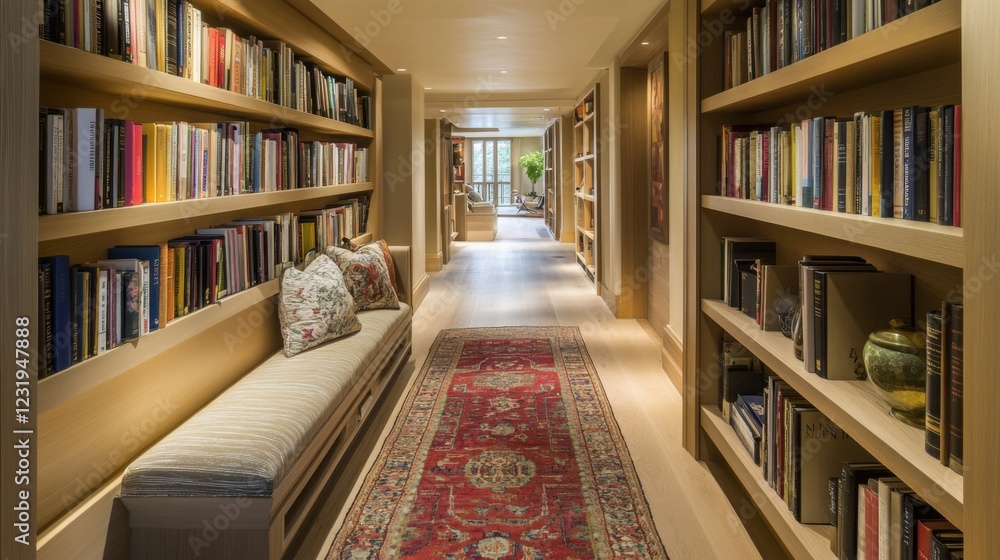 Poster a serene hallway lined with bookshelves, soft lighting, and a comfortable reading nook at the end, c