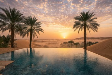 Obraz premium a serene oasis emerging from endless golden dunes, lush palm trees surrounding a crystal-clear pool, ethereal mist rising, surreal sunset colors painting the sky