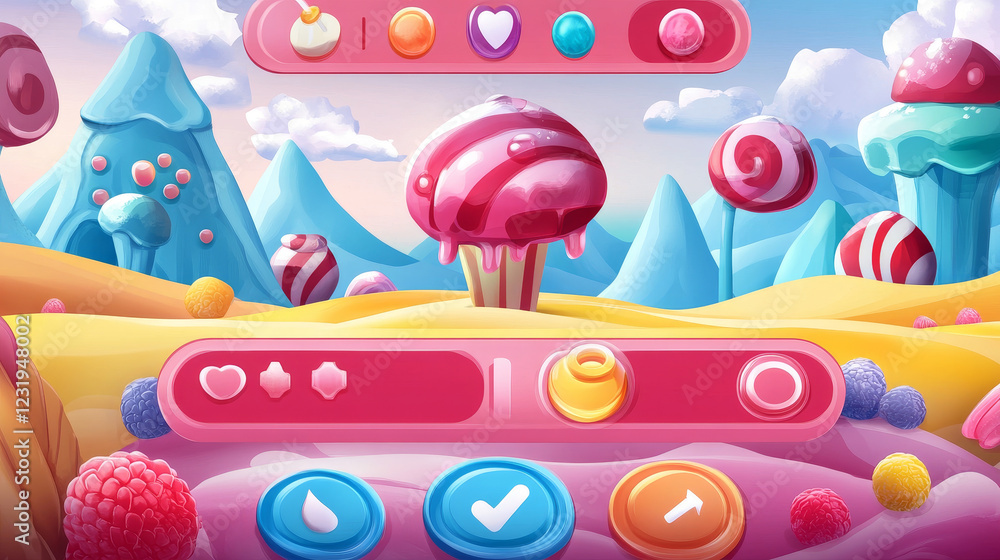 Poster candy game menu interface windows, cartoon options, settings, plates with ui buttons, progress bars 