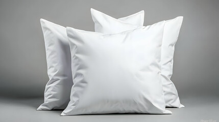 Three white pillows on grey background, home decor, soft comfort