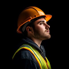 Construction worker in profile, wearing a safety helmet and vest, looking thoughtfully into the distance against a dramatic black background 