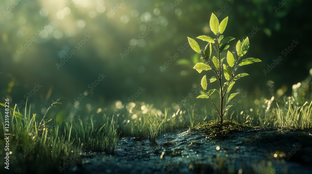 Poster a serene image of a freshly planted sapling in a peaceful meadow, with dew-covered grass and soft mo