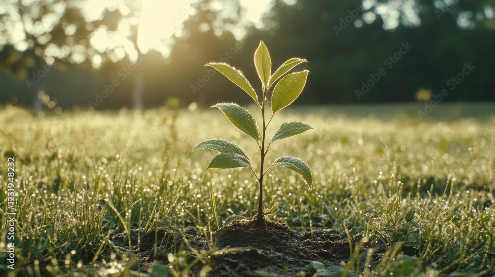 Aufkleber a serene image of a freshly planted sapling in a peaceful meadow, with dew-covered grass and soft mo