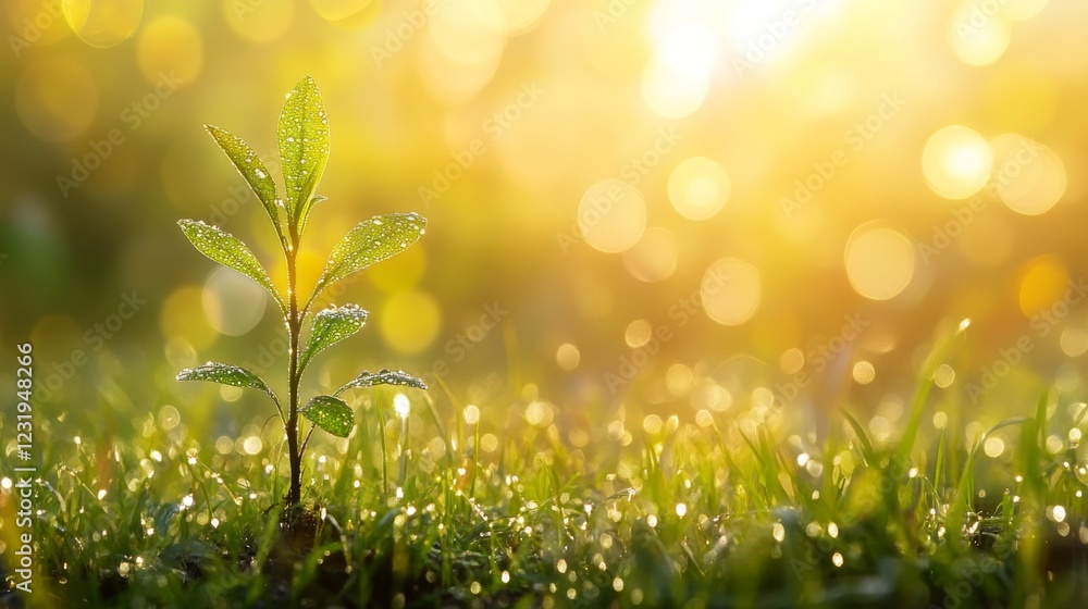 Poster a serene image of a freshly planted sapling in a peaceful meadow, with dew-covered grass and soft mo