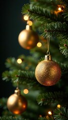 Obraz premium Glittering gold ornaments adorn the Christmas tree branches, tree, sparkling