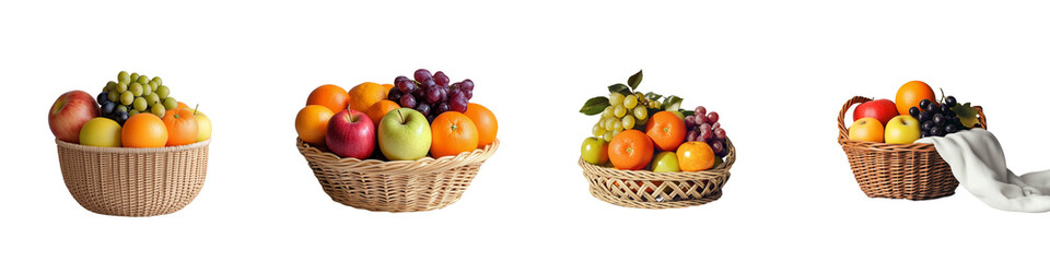 set of A basket of fresh apples, oranges and grapes, A fruit basket of apples, oranges and, grapes, A basket filled with fresh apples, oranges and grapes, on a transparent backgrounds