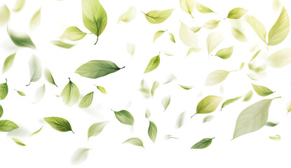 Green leaves flying in the air on a white background, banner design, isolated on a white background, copy space concept, 3D rendering illustration, high-resolution photography, ultra-realistic 