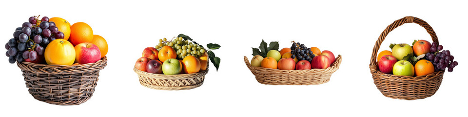 set of A basket of fresh apples, oranges and grapes, A fruit basket of apples, oranges and, grapes, A basket filled with fresh apples, oranges and grapes, on a transparent backgrounds