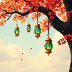 Obraz premium Golden lanterns with green glass shades hanging from a black tree branch, nature, cozy, autumnal