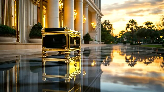 A majestic brass luggage caddy reflects the radiant hues of a summer sunset, positioned prominently at the entrance of a grand luxury resort hotel, its shimmering surface complemen