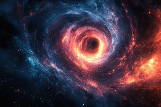 Abstract representation of a wormhole warping space, creating a tunnel of swirling, luminous energy.