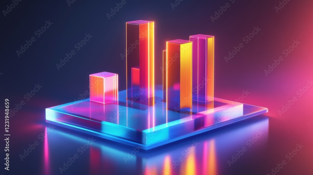 Aufkleber A set of glossy D bars rising dramatically from a financial dashboard, with neon highlights and subtle lighting effects to convey financial growth