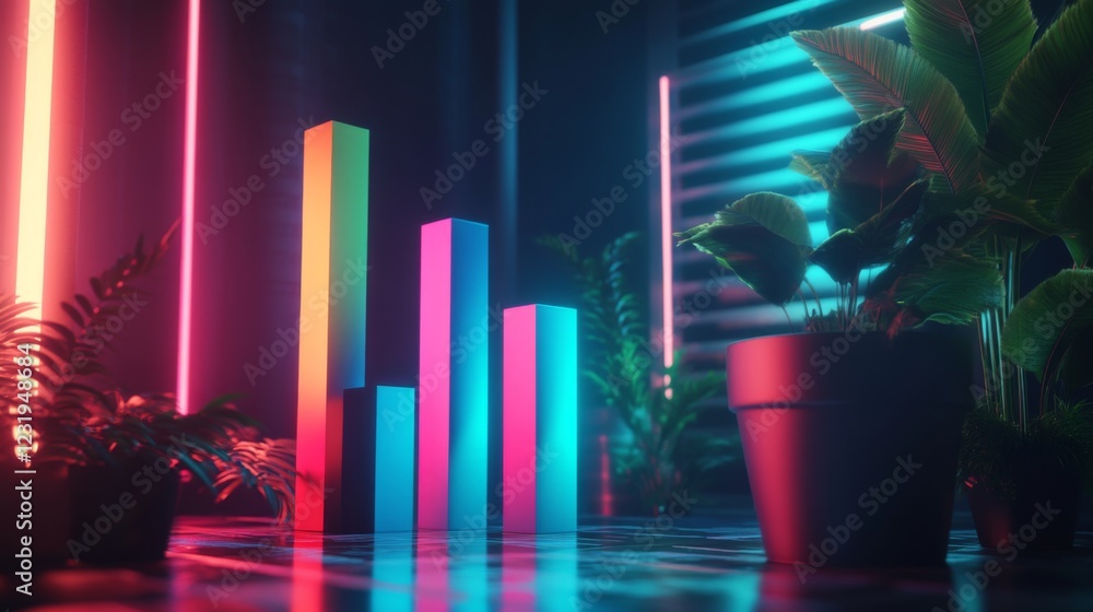 Poster A set of glossy D bars rising dramatically from a financial dashboard, with neon highlights and subtle lighting effects to convey financial growth