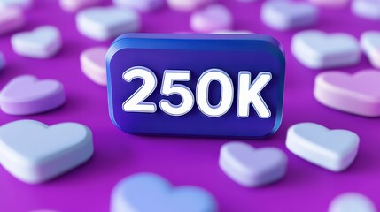 Blue 250K Sign Surrounded by Pastel Candy Hearts on Purple Background A Festive Celebration Concept